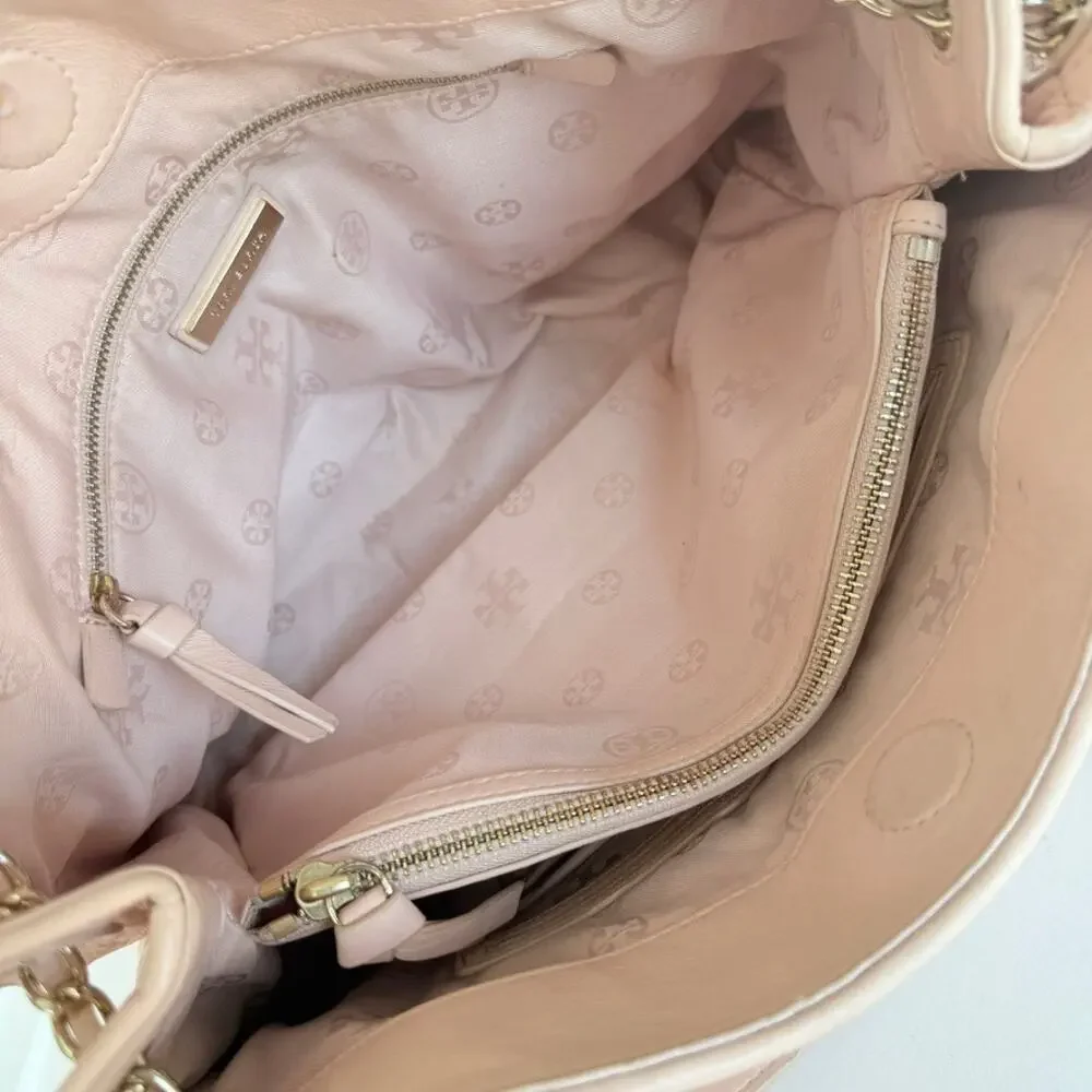 TORY BURCH Quilted‎ Leather Chain Tote Bag Pink Shoulder Purse Classic Luxury
